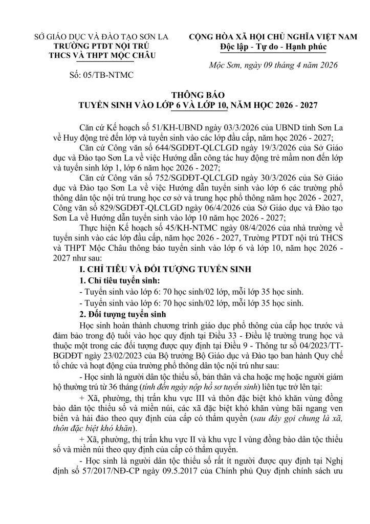 Thông báo:  Tuyển sinh Khối 6 và Khối 10 năm học 2026 – 2027